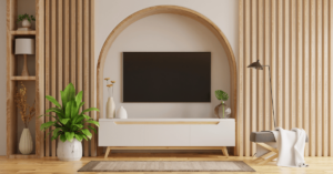 living room in a new home demonstrating the top decor trends of curved edges and natural materials
