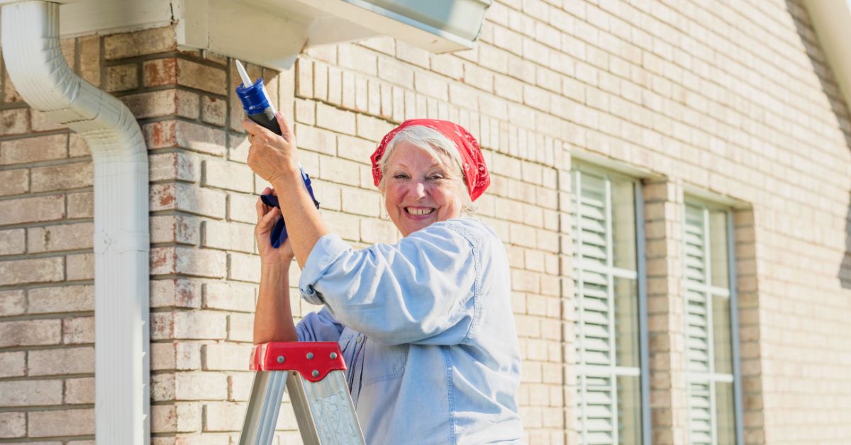 older woman caulking outside of home and smiling