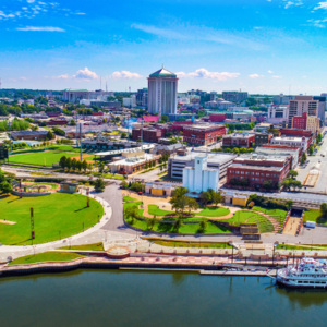 aerial shot of downtown montgomery, alabama's riverfront